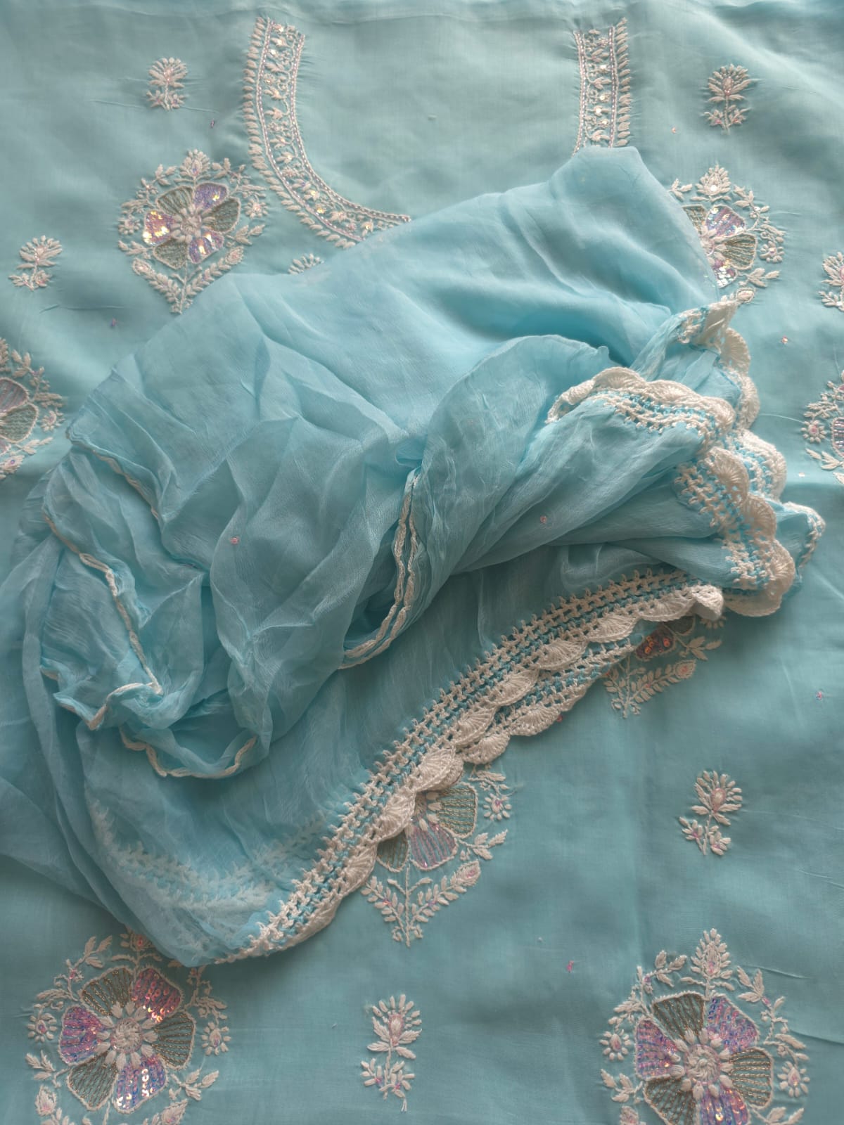Sky Blue soft cotton suit with lucknowi work with kasab and sequins work