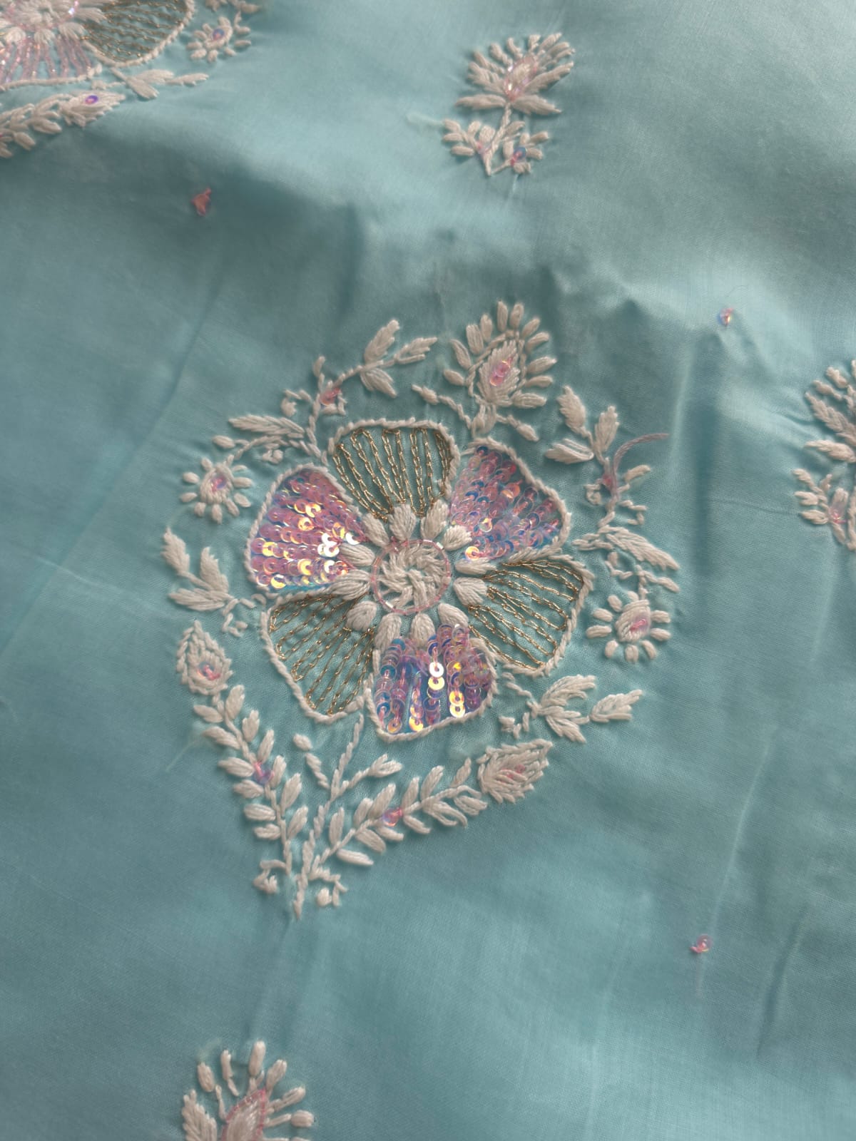 Sky Blue soft cotton suit with lucknowi work with kasab and sequins work