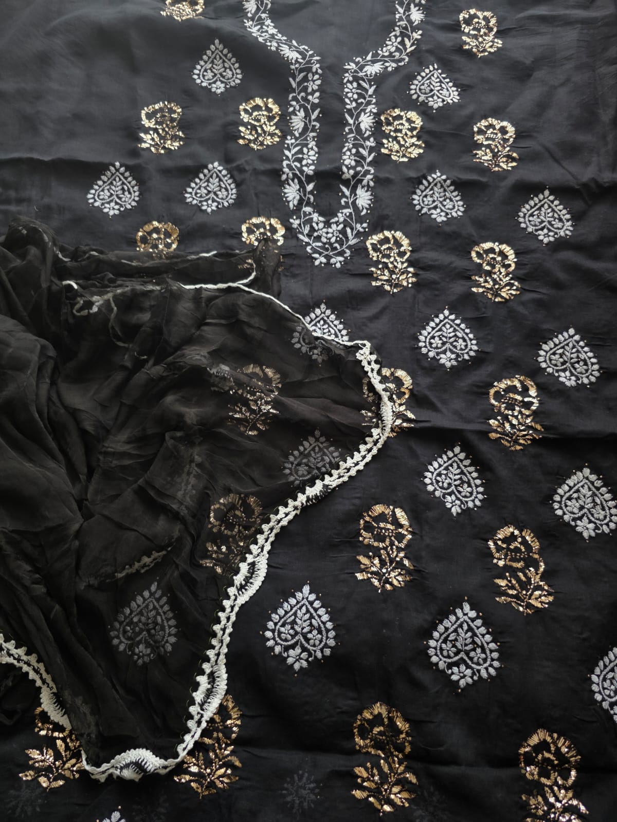 Black cotton full set with white chikankari and Mukaish motifs