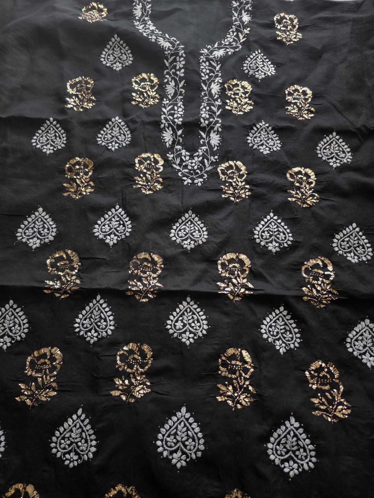 Black cotton full set with white chikankari and Mukaish motifs