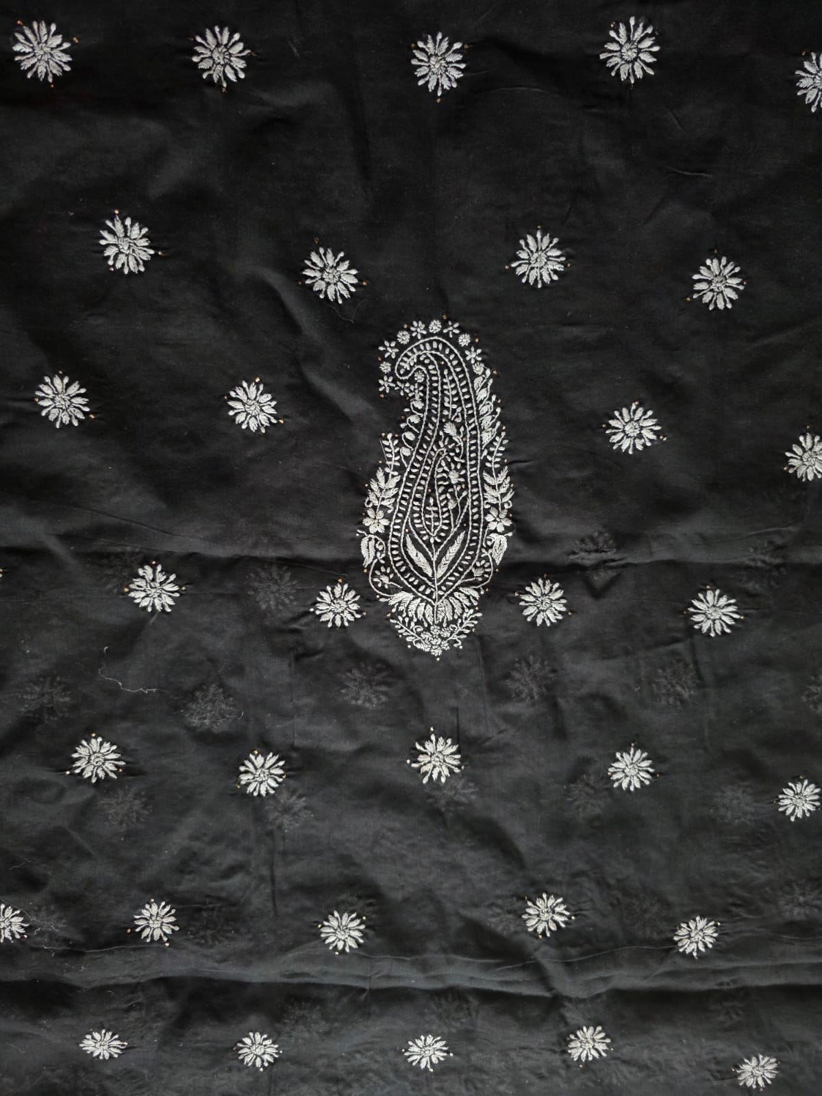 Black cotton full set with white chikankari and Mukaish motifs