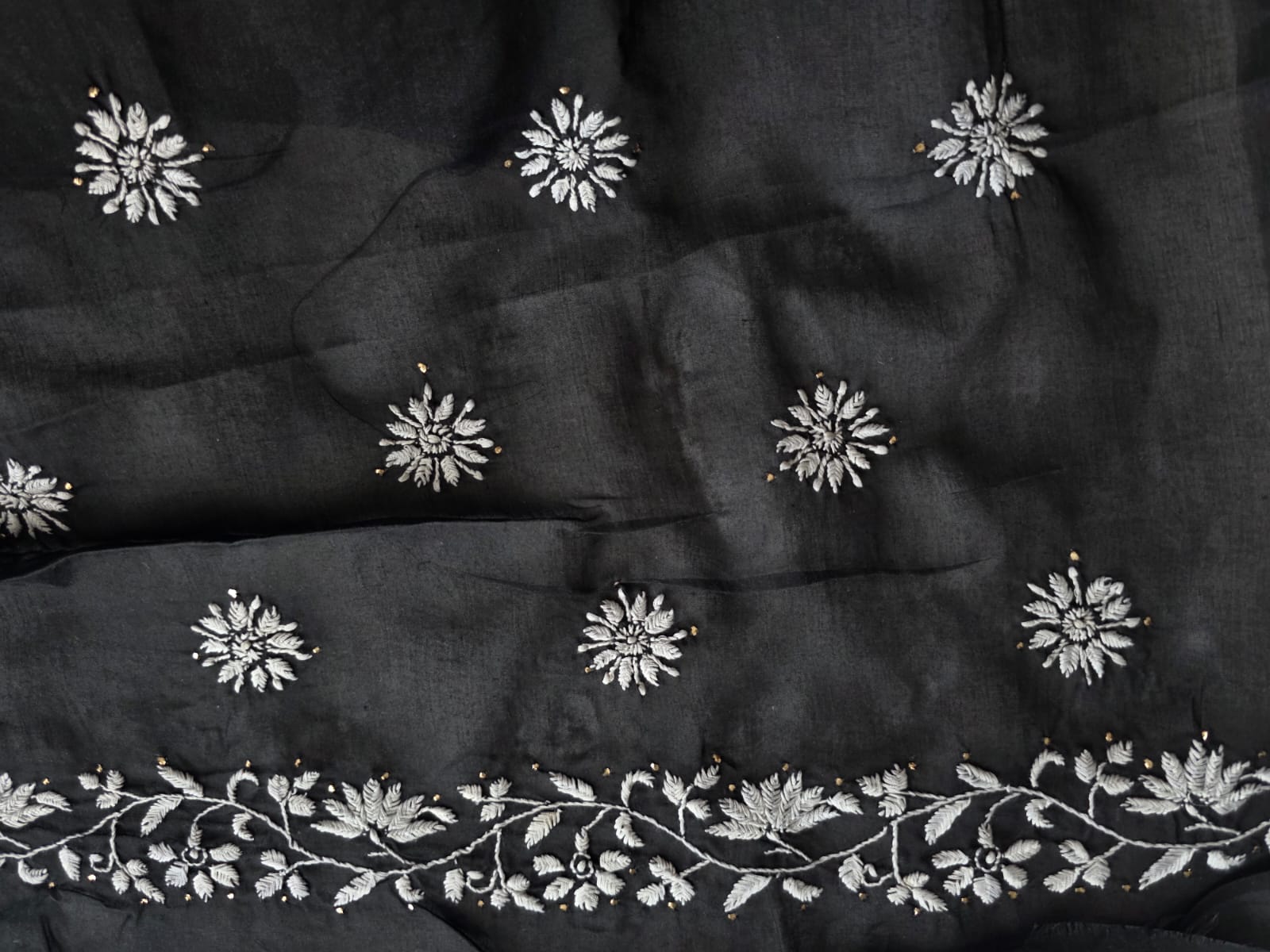 Black cotton full set with white chikankari and Mukaish motifs