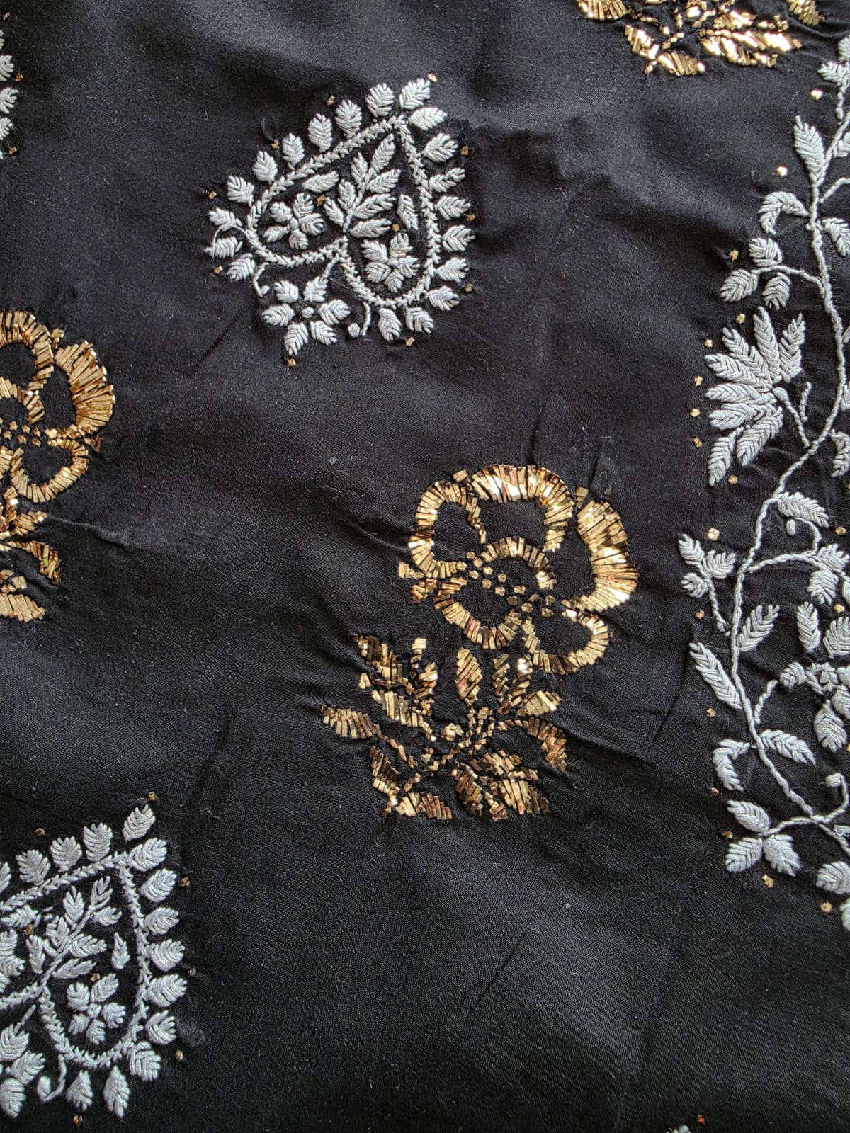 Black cotton full set with white chikankari and Mukaish motifs