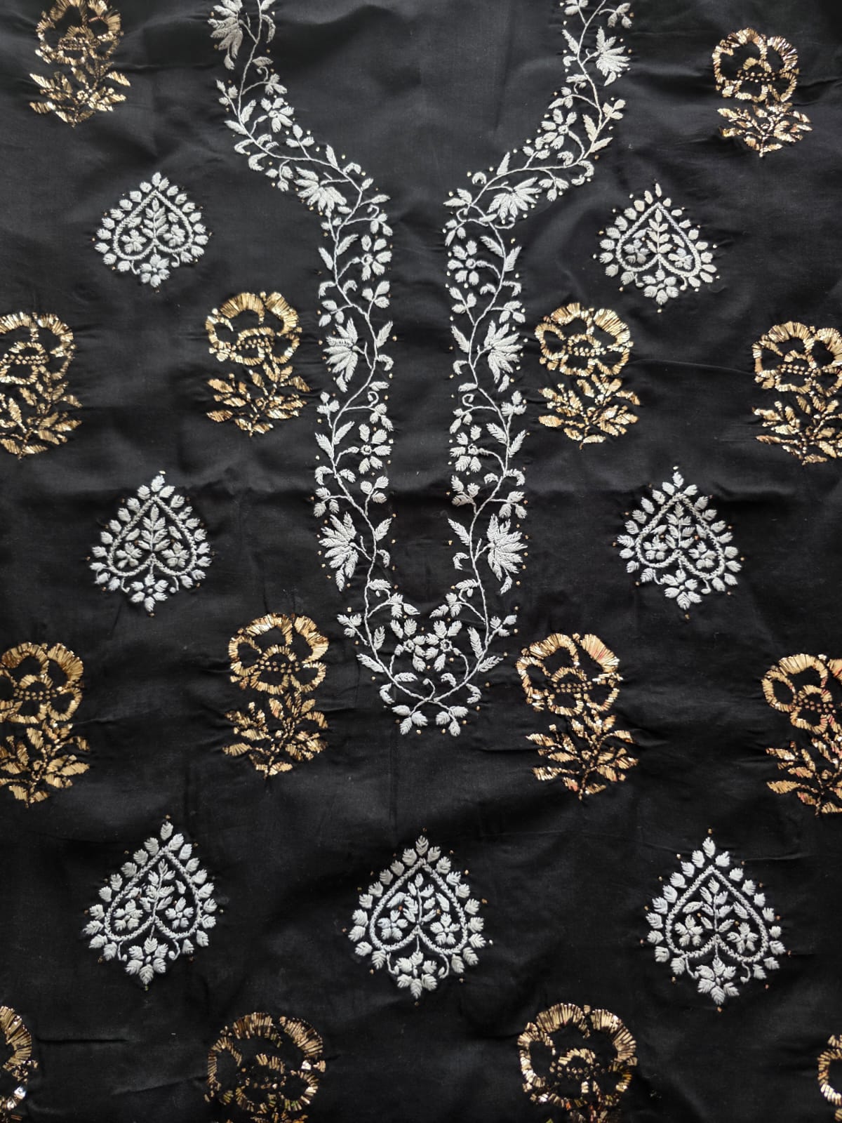 Black cotton full set with white chikankari and Mukaish motifs
