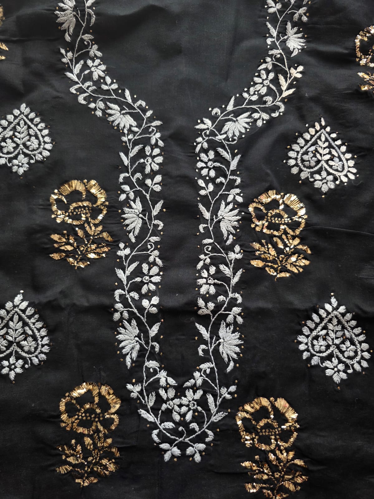 Black cotton full set with white chikankari and Mukaish motifs