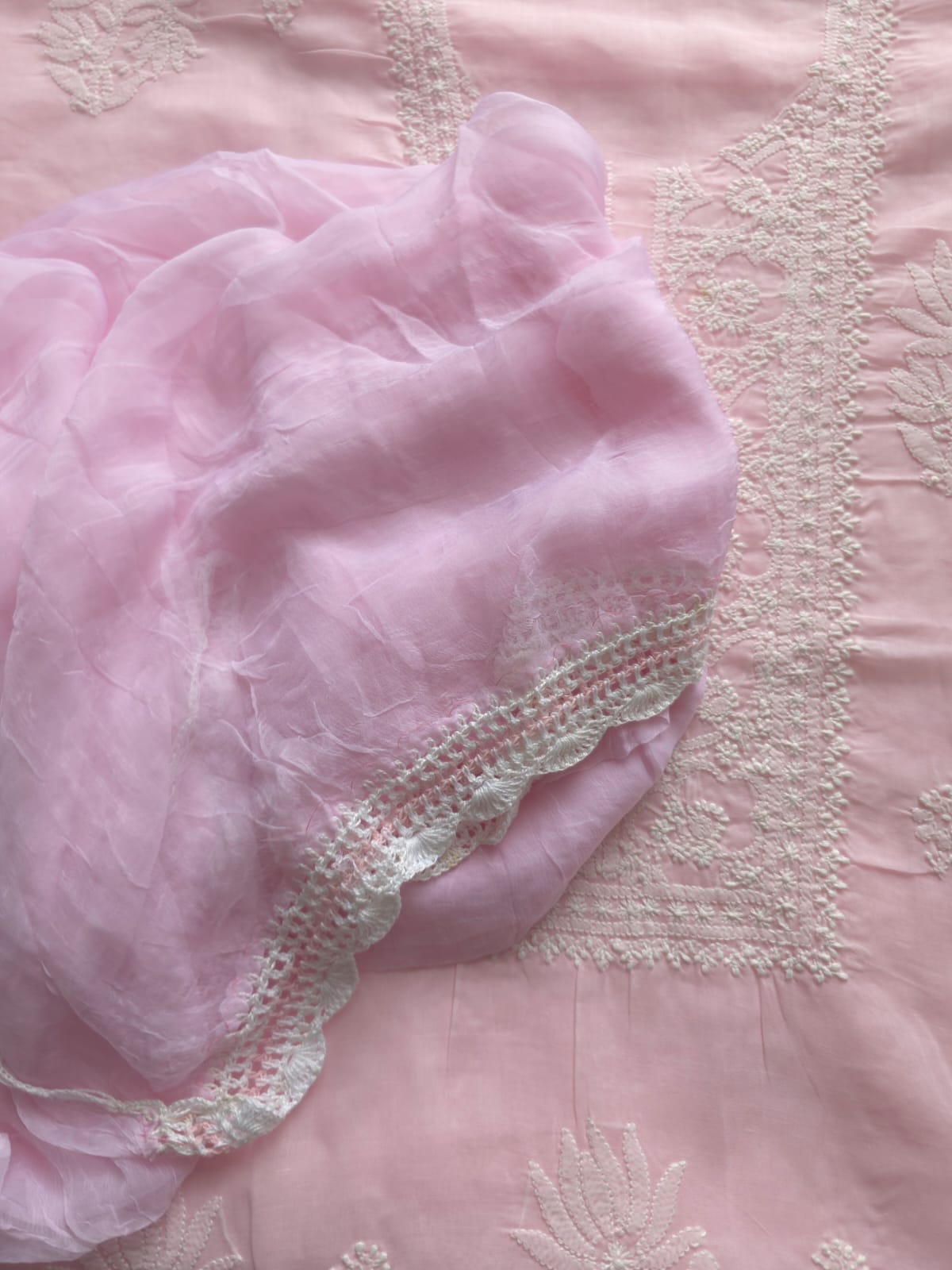 Baby pink cotton Full suit with lucknowi work only