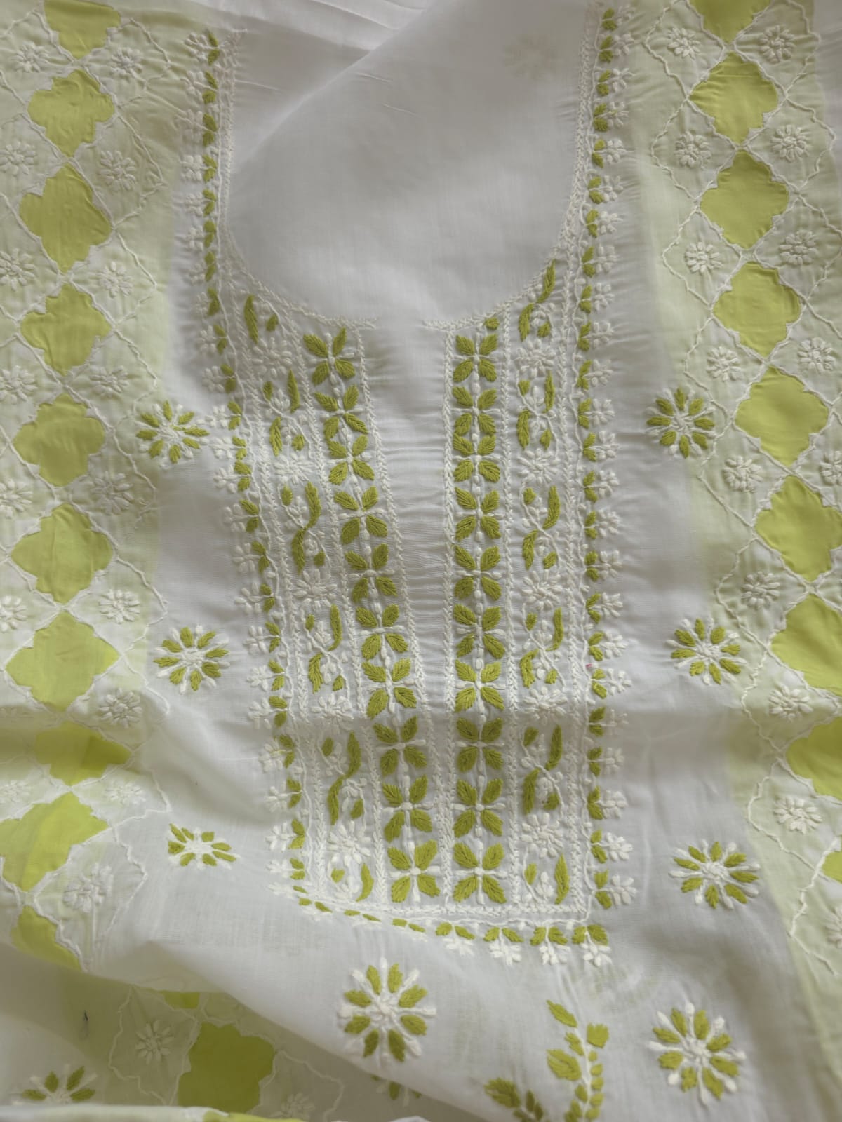 White and lime green full suit with chikankari and applique work