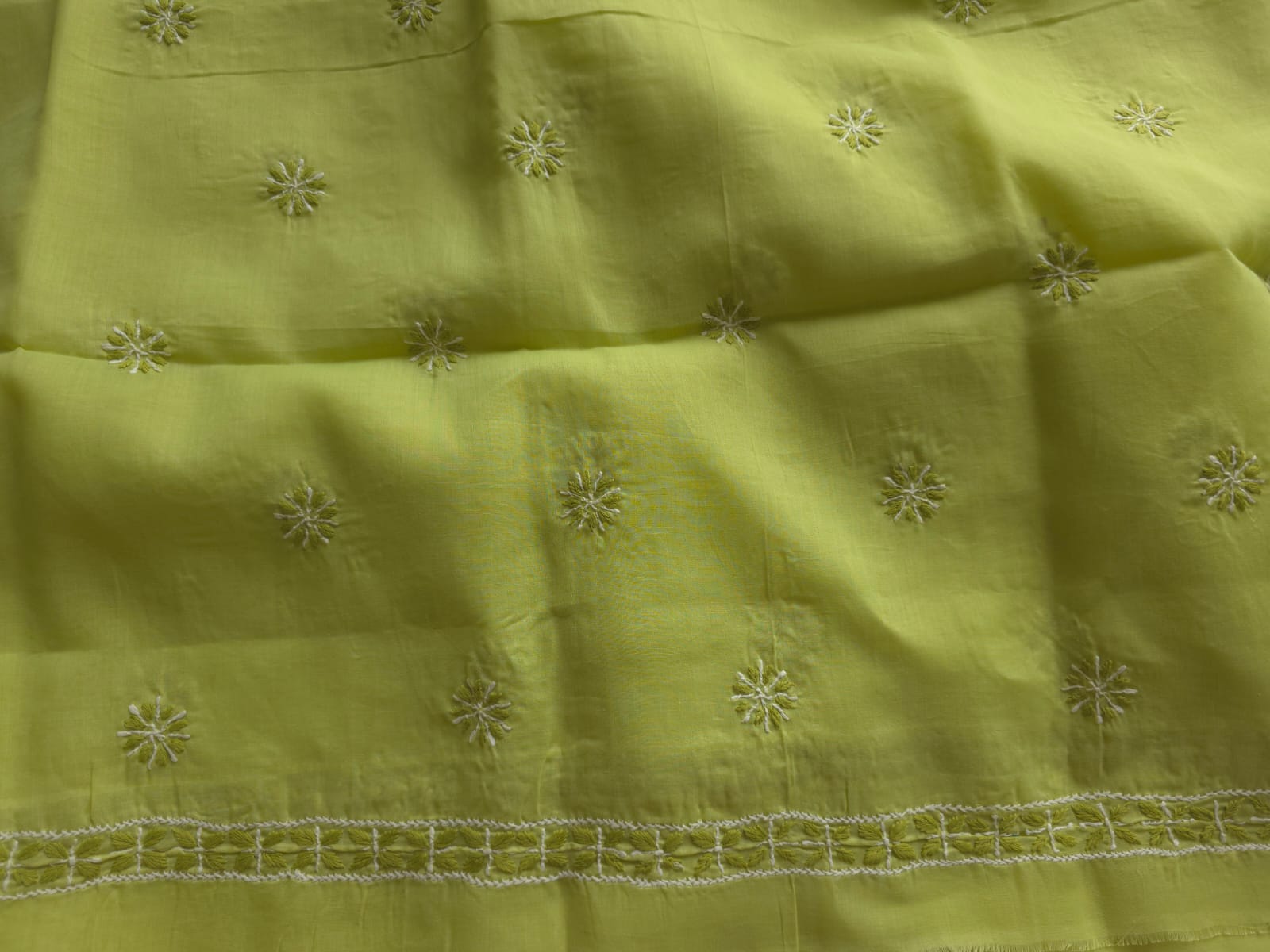 White and lime green full suit with chikankari and applique work