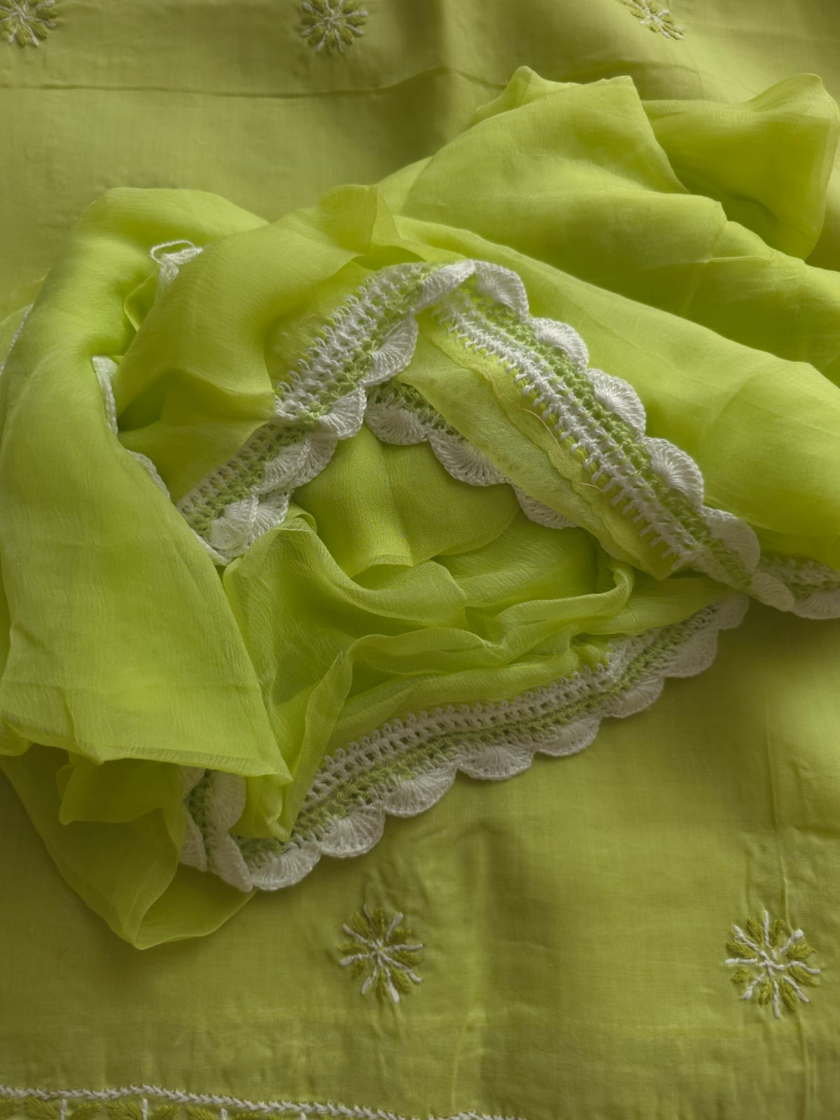 White and lime green full suit with chikankari and applique work