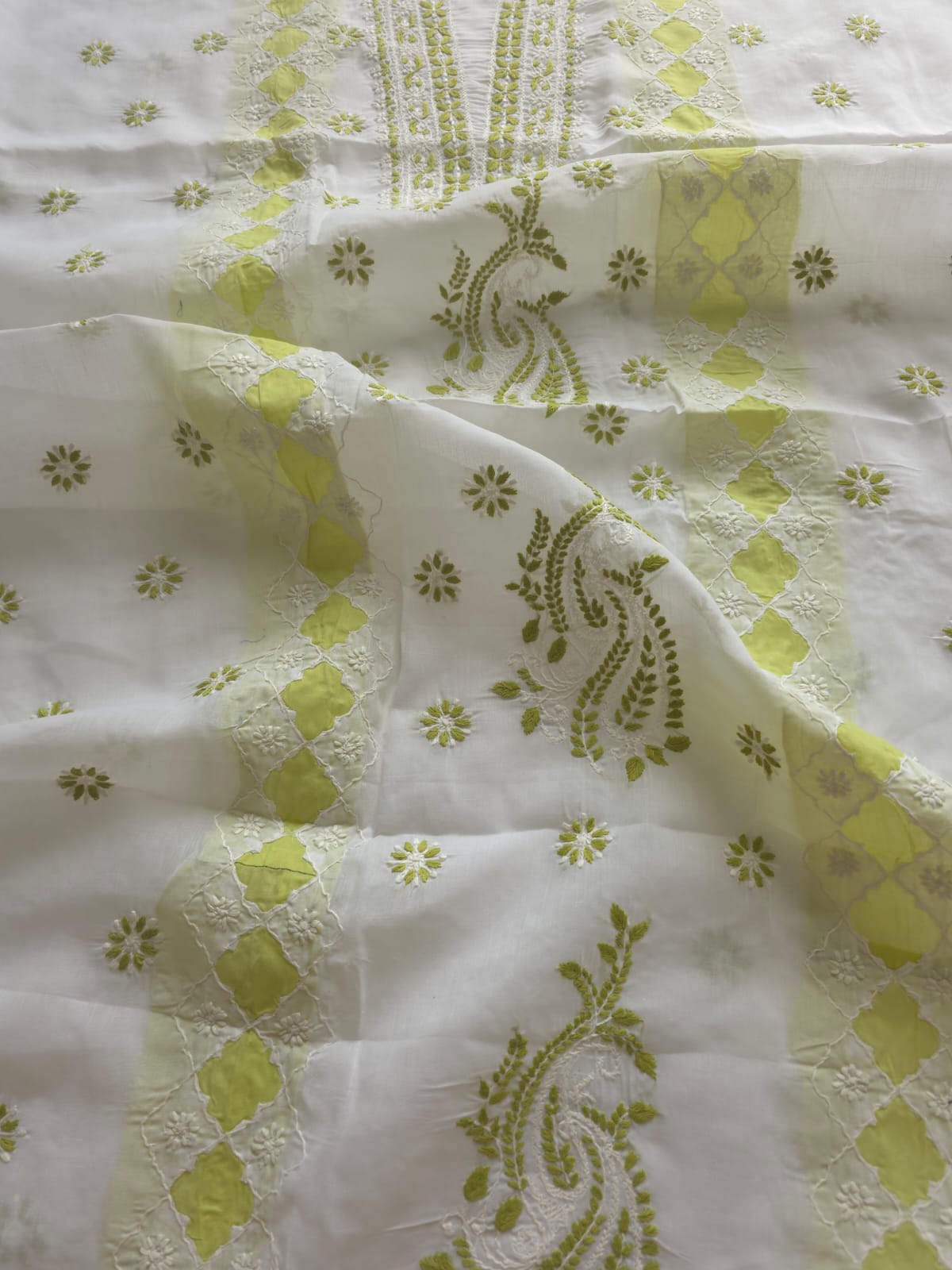 White and lime green full suit with chikankari and applique work