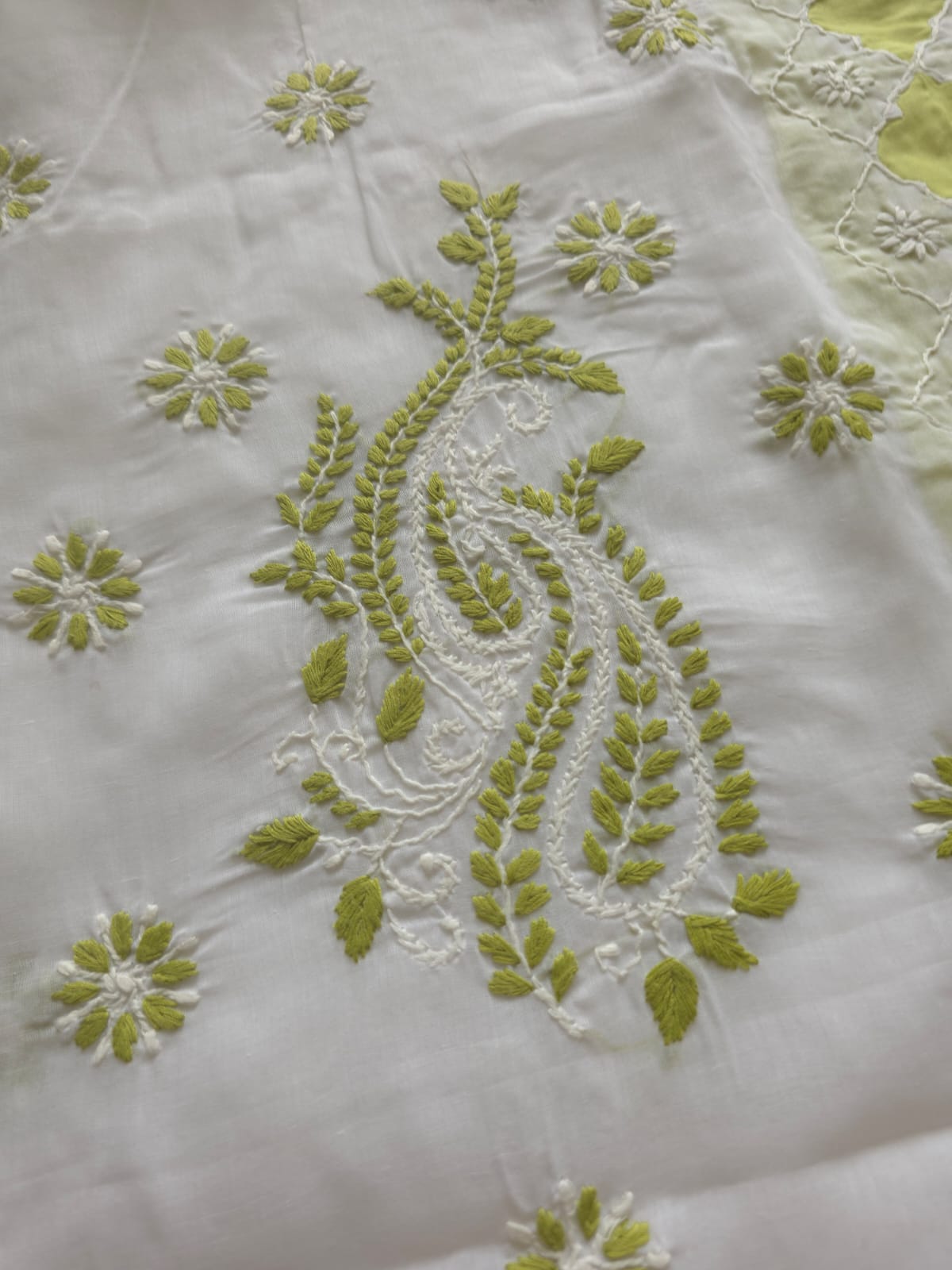White and lime green full suit with chikankari and applique work