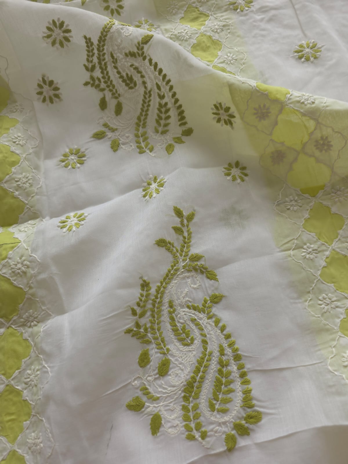 White and lime green full suit with chikankari and applique work