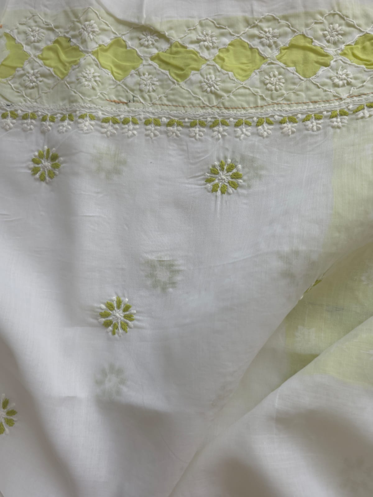 White and lime green full suit with chikankari and applique work