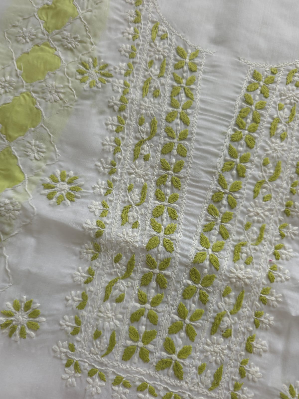 White and lime green full suit with chikankari and applique work
