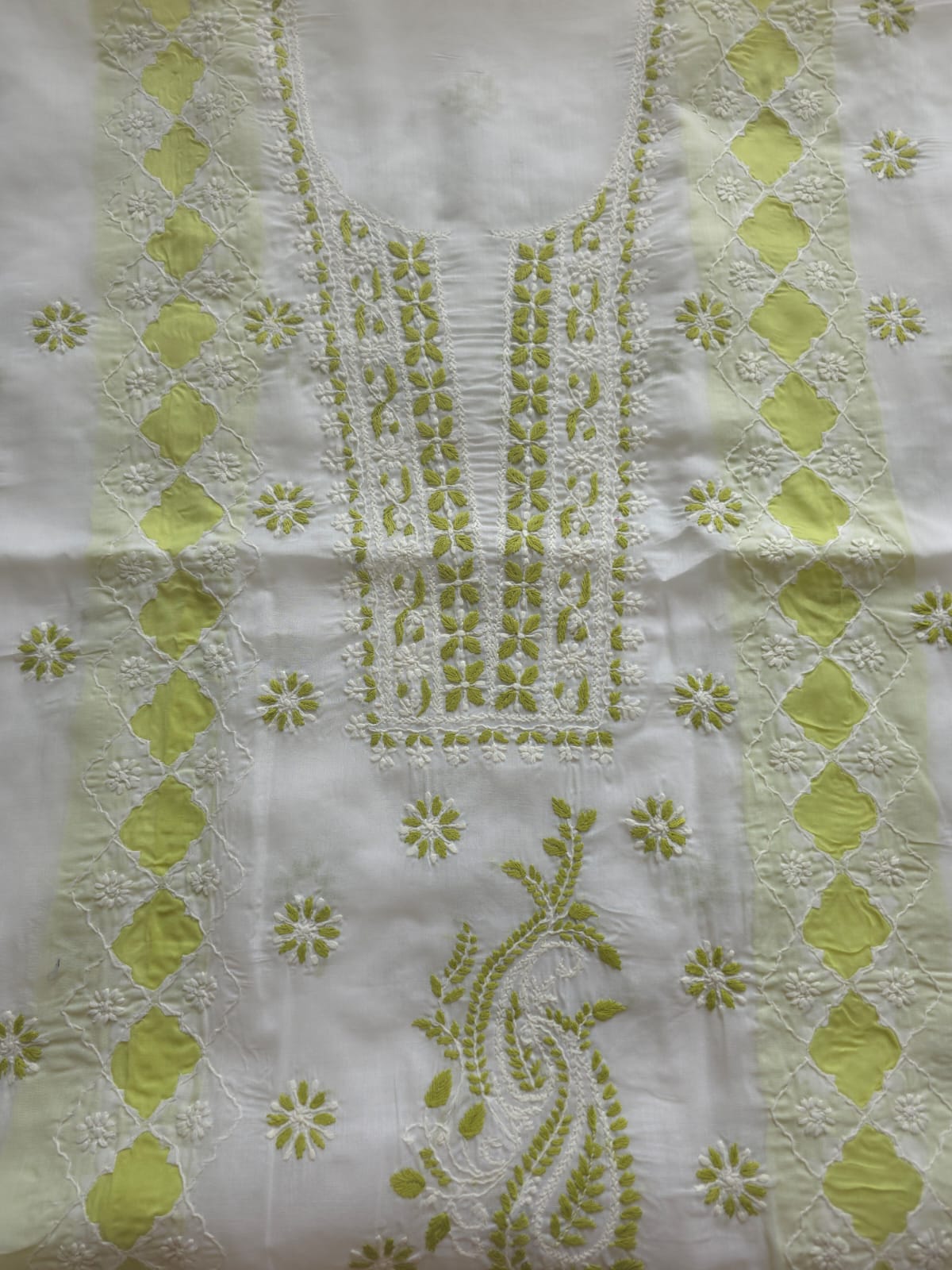White and lime green full suit with chikankari and applique work