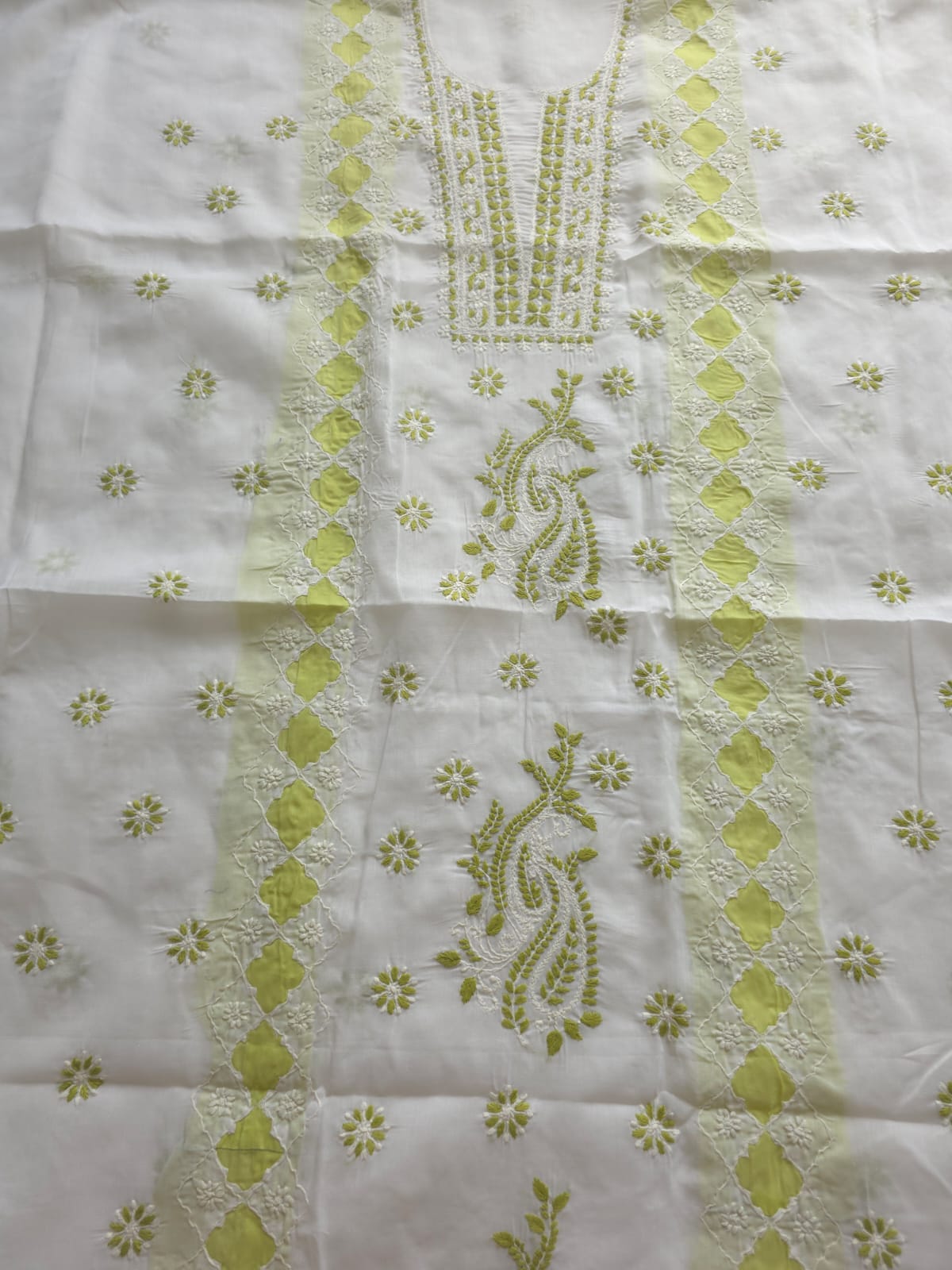 White and lime green full suit with chikankari and applique work