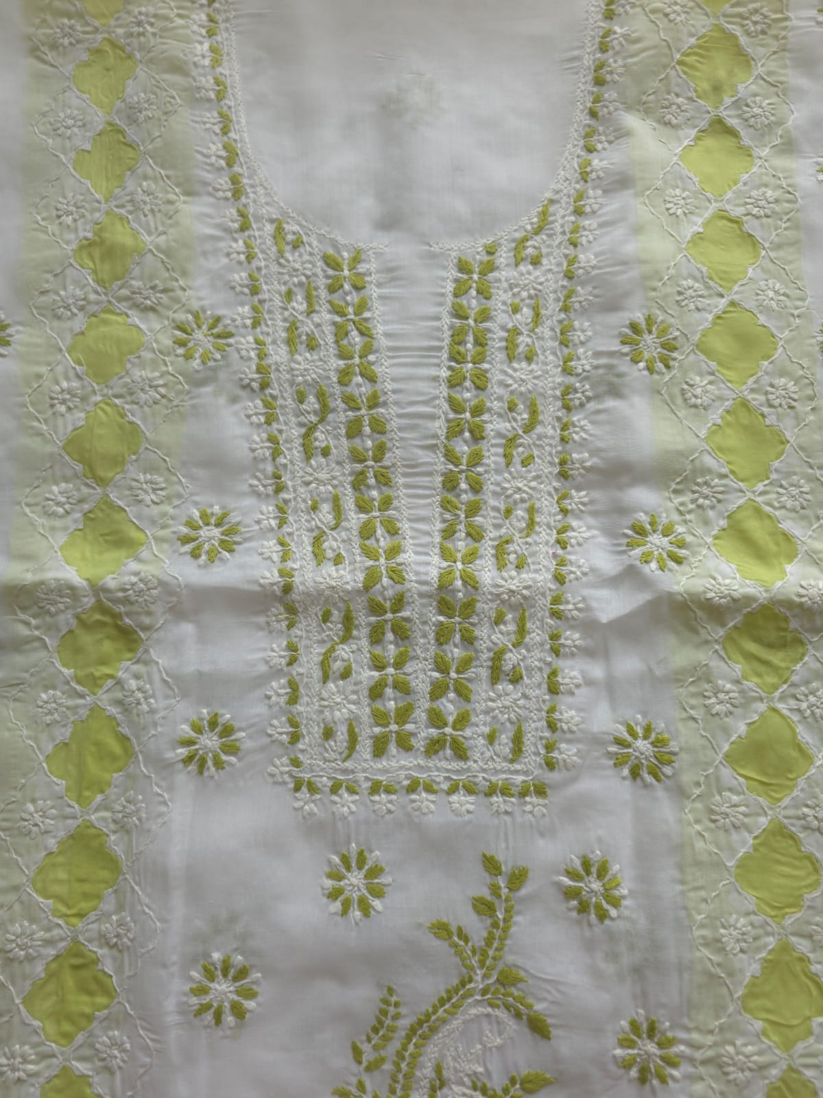 White and lime green full suit with chikankari and applique work