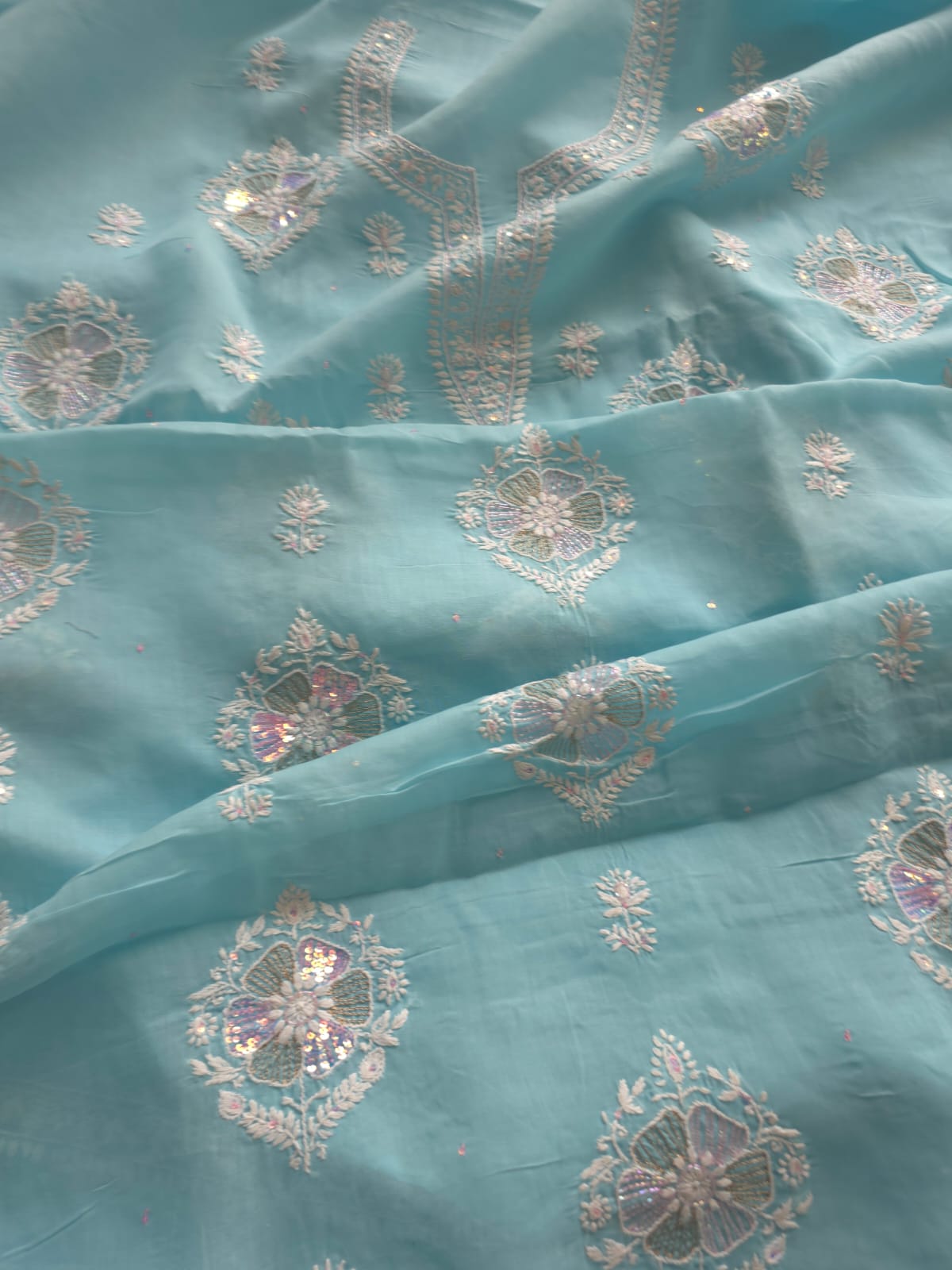 Sky Blue soft cotton suit with lucknowi work with kasab and sequins work