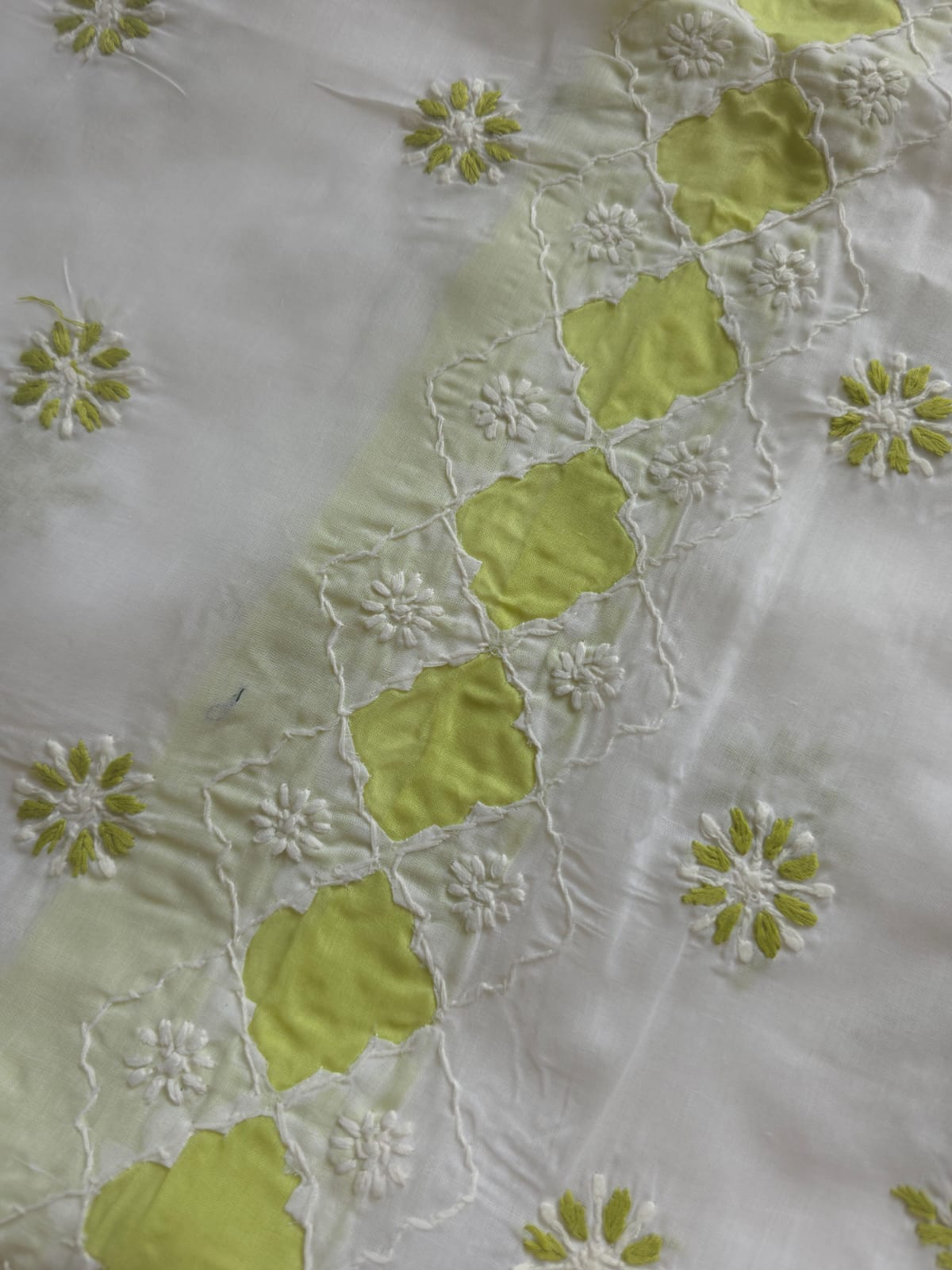 White and lime green full suit with chikankari and applique work