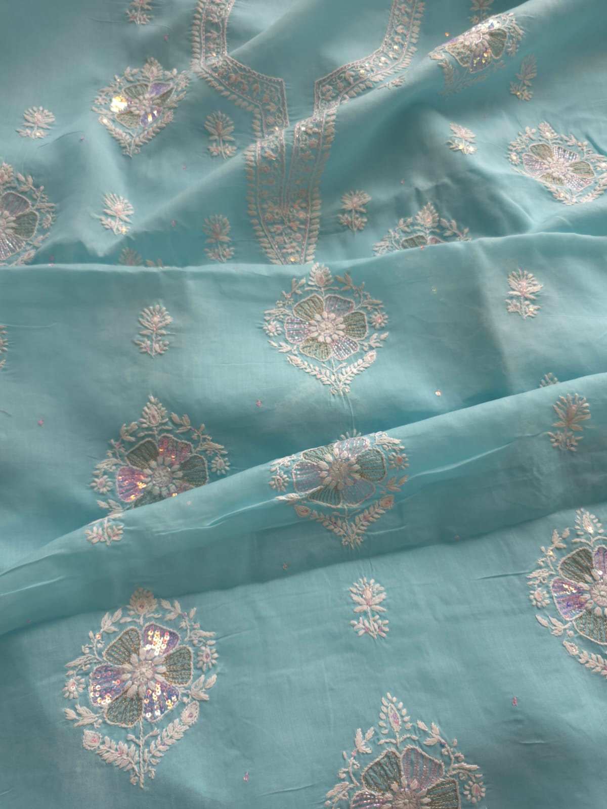 Sky Blue soft cotton suit with lucknowi work with kasab and sequins work