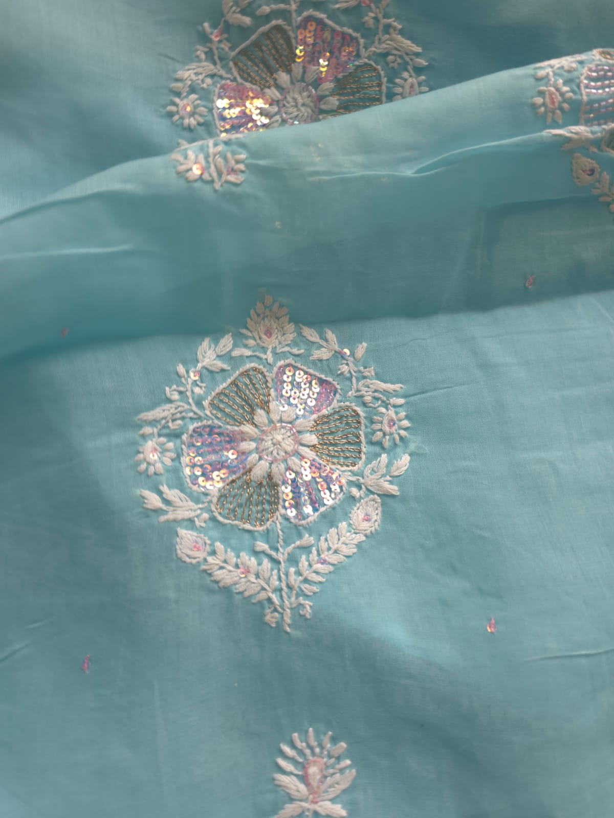 Sky Blue soft cotton suit with lucknowi work with kasab and sequins work