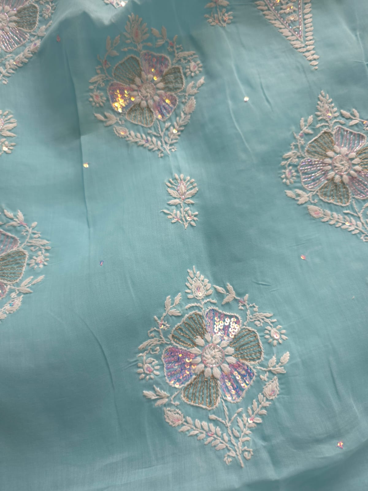 Sky Blue soft cotton suit with lucknowi work with kasab and sequins work