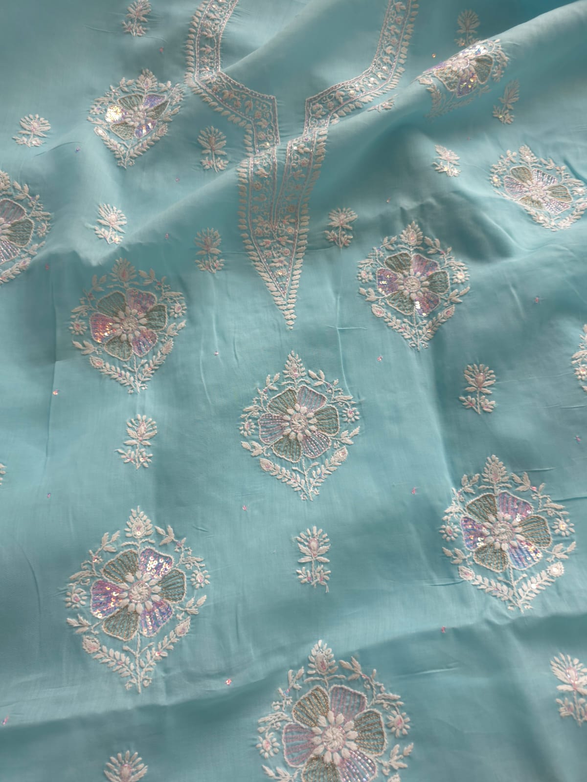 Sky Blue soft cotton suit with lucknowi work with kasab and sequins work