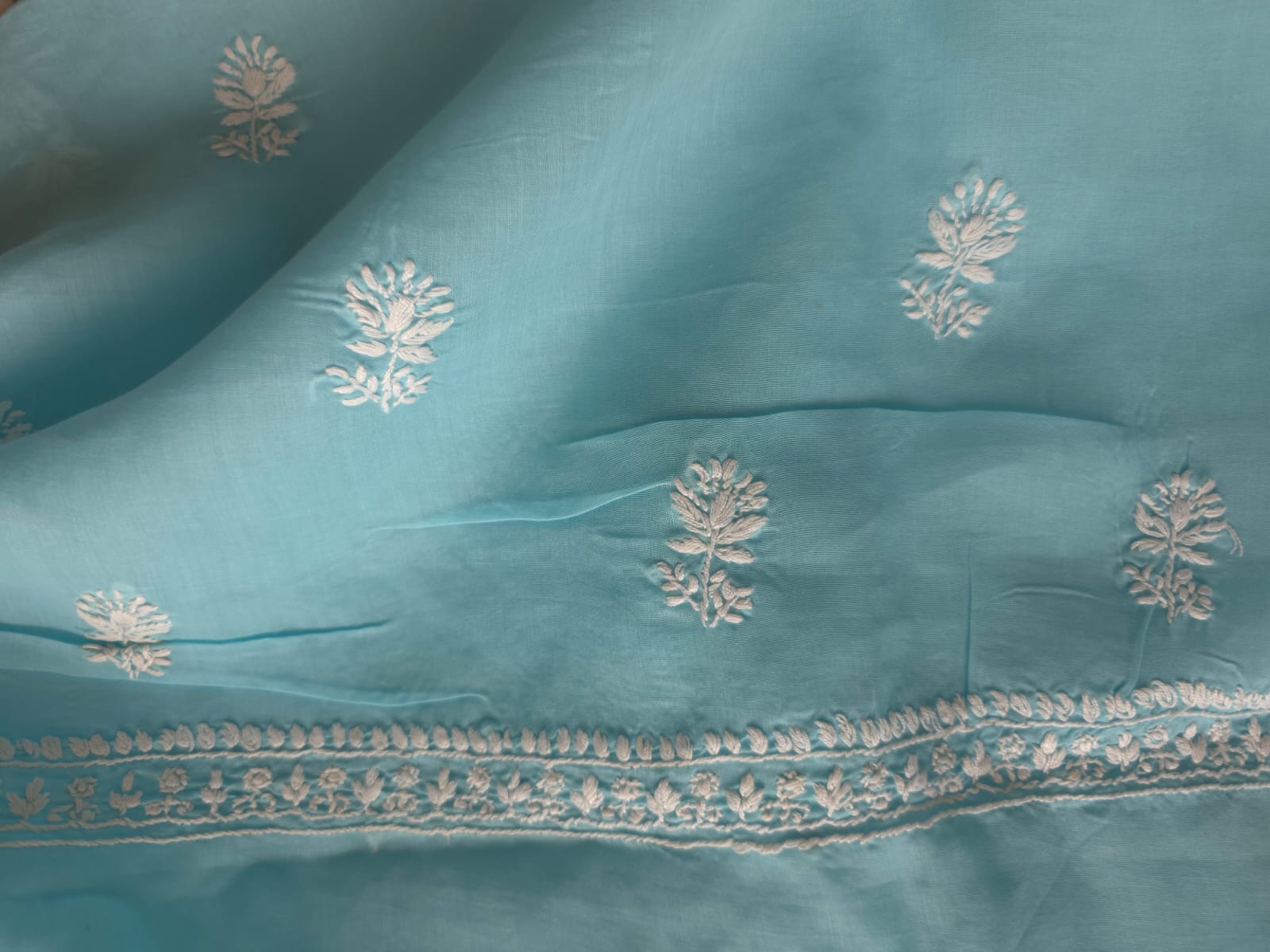 Sky Blue soft cotton suit with lucknowi work with kasab and sequins work
