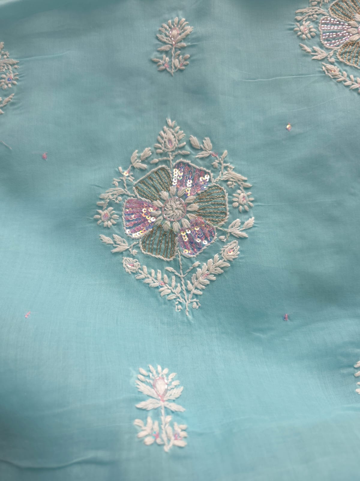 Sky Blue soft cotton suit with lucknowi work with kasab and sequins work