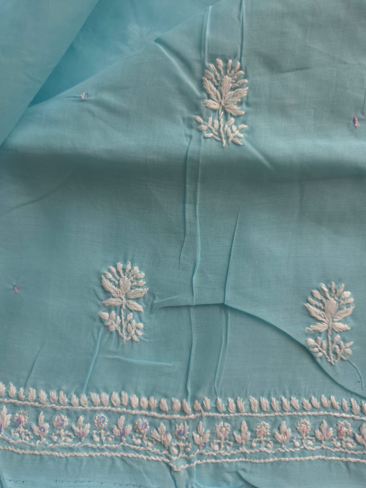 Sky Blue soft cotton suit with lucknowi work with kasab and sequins work