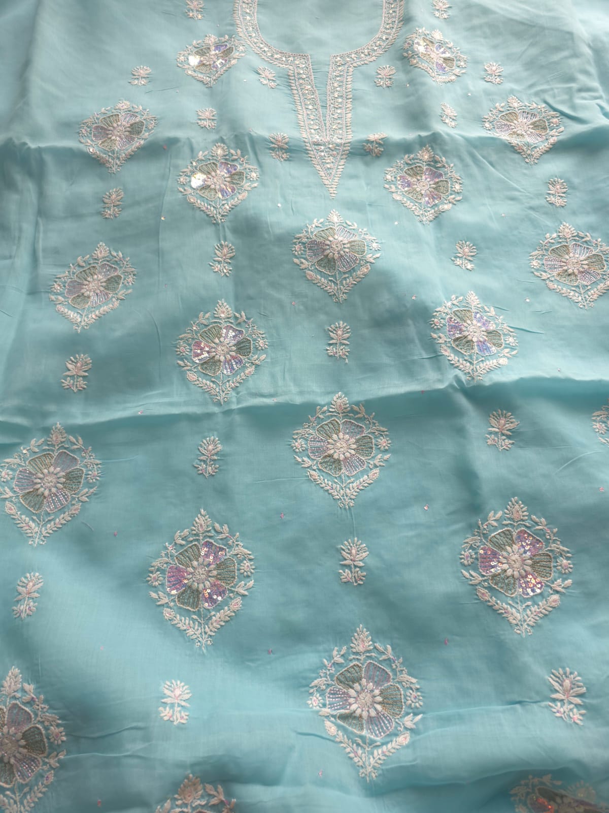 Sky Blue soft cotton suit with lucknowi work with kasab and sequins work