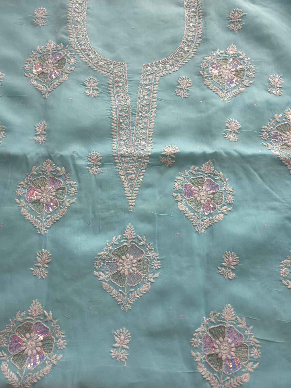 Sky Blue soft cotton suit with lucknowi work with kasab and sequins work