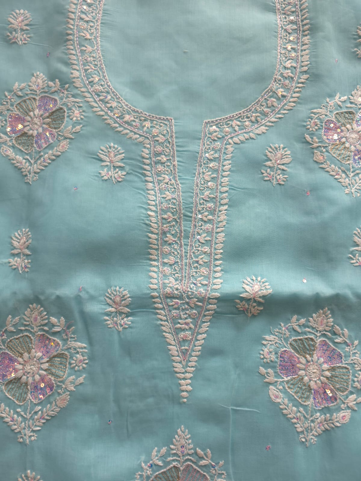 Sky Blue soft cotton suit with lucknowi work with kasab and sequins work