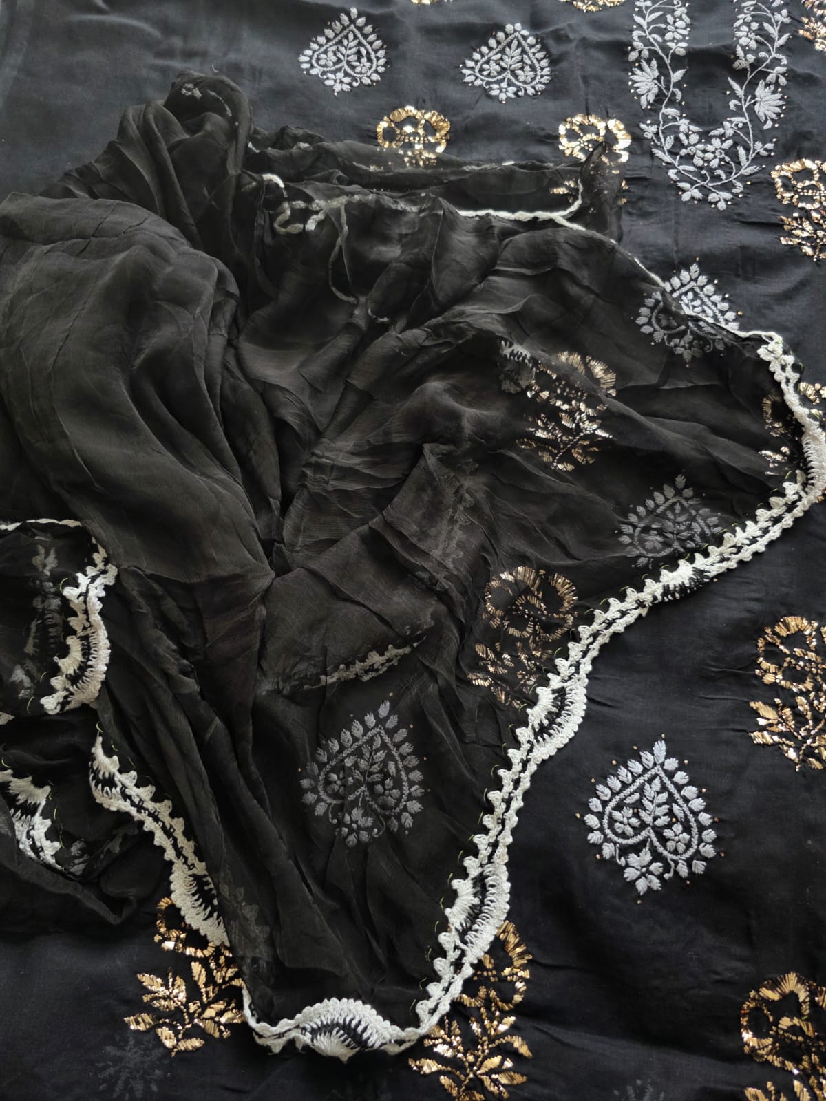 Black cotton full set with white chikankari and Mukaish motifs
