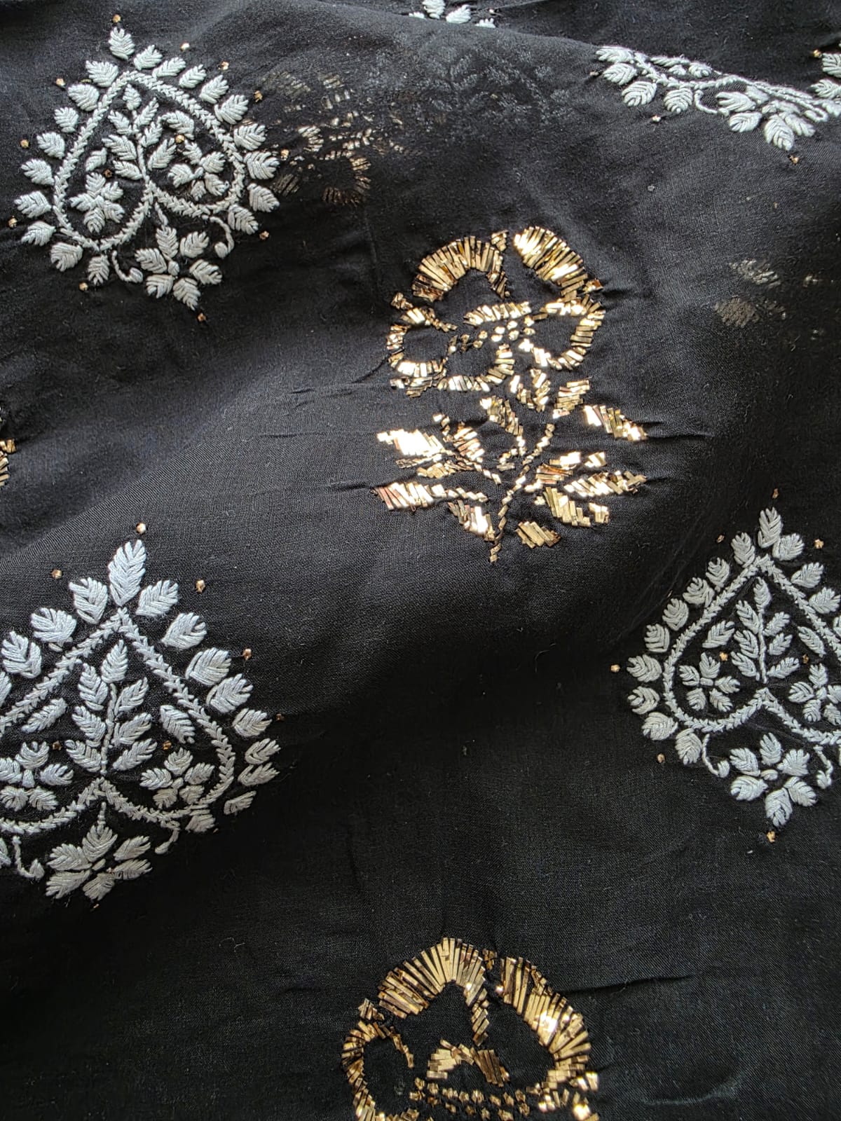 Black cotton full set with white chikankari and Mukaish motifs