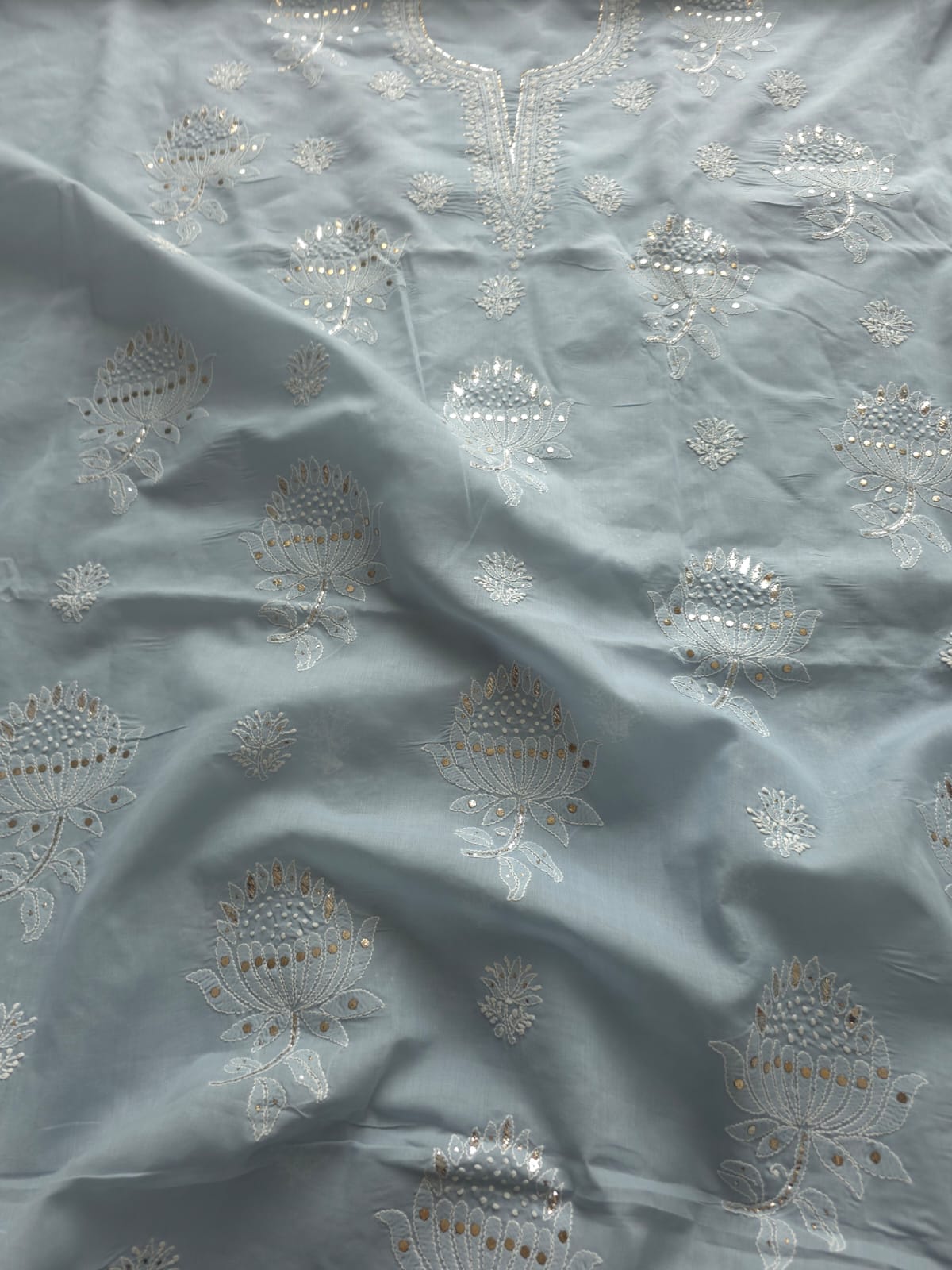 Grey cotton full set with intricate chikankari and mukaish