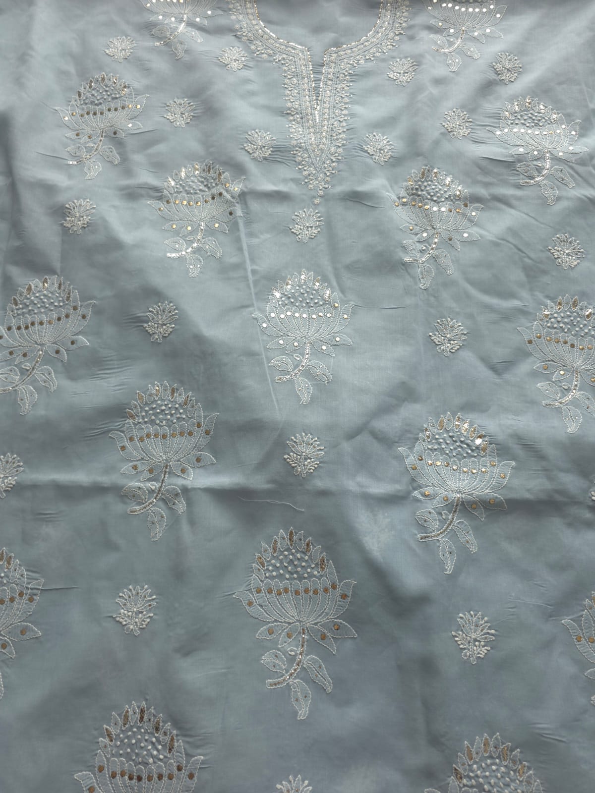 Grey cotton full set with intricate chikankari and mukaish