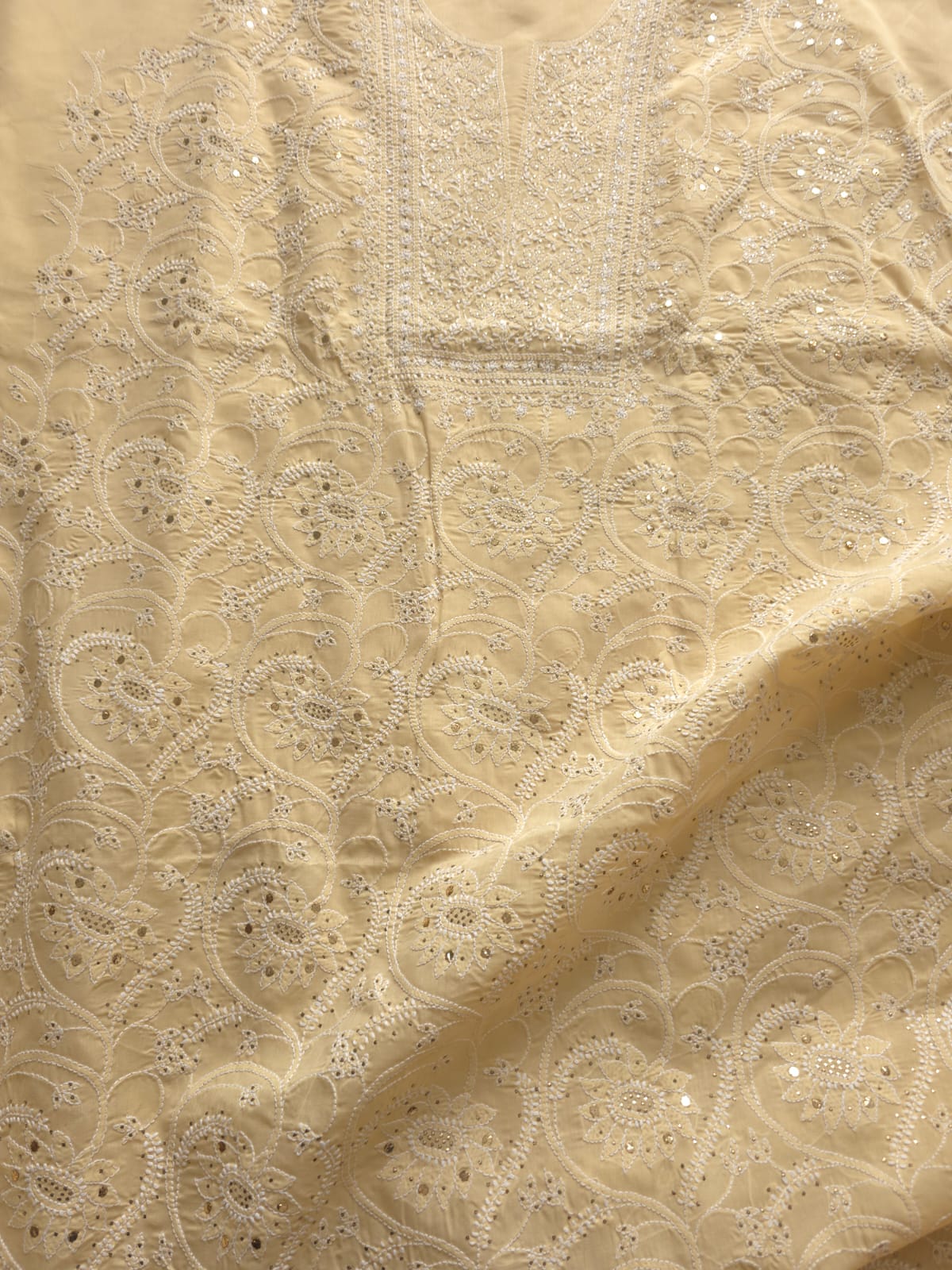 Beige Cotton Full suit with chikankari and mukaish