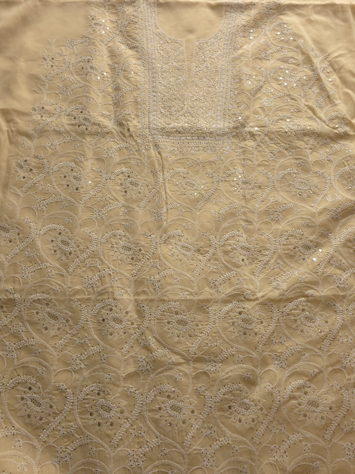 Beige Cotton Full suit with chikankari and mukaish