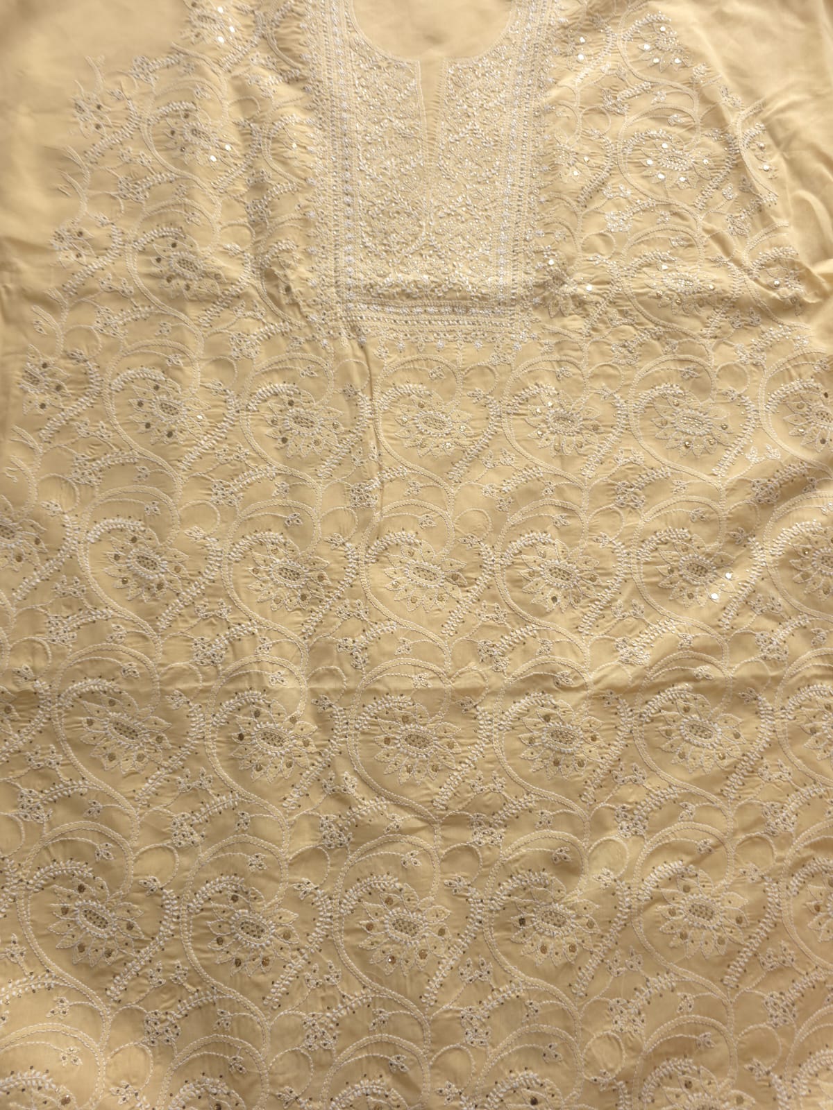 Beige Cotton Full suit with chikankari and mukaish
