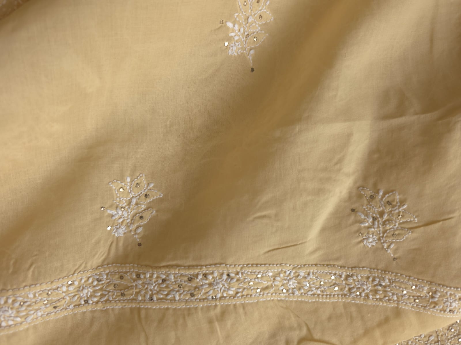 Beige Cotton Full suit with chikankari and mukaish