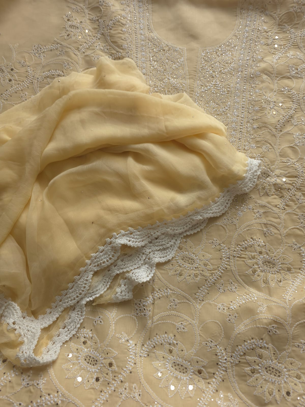 Beige Cotton Full suit with chikankari and mukaish