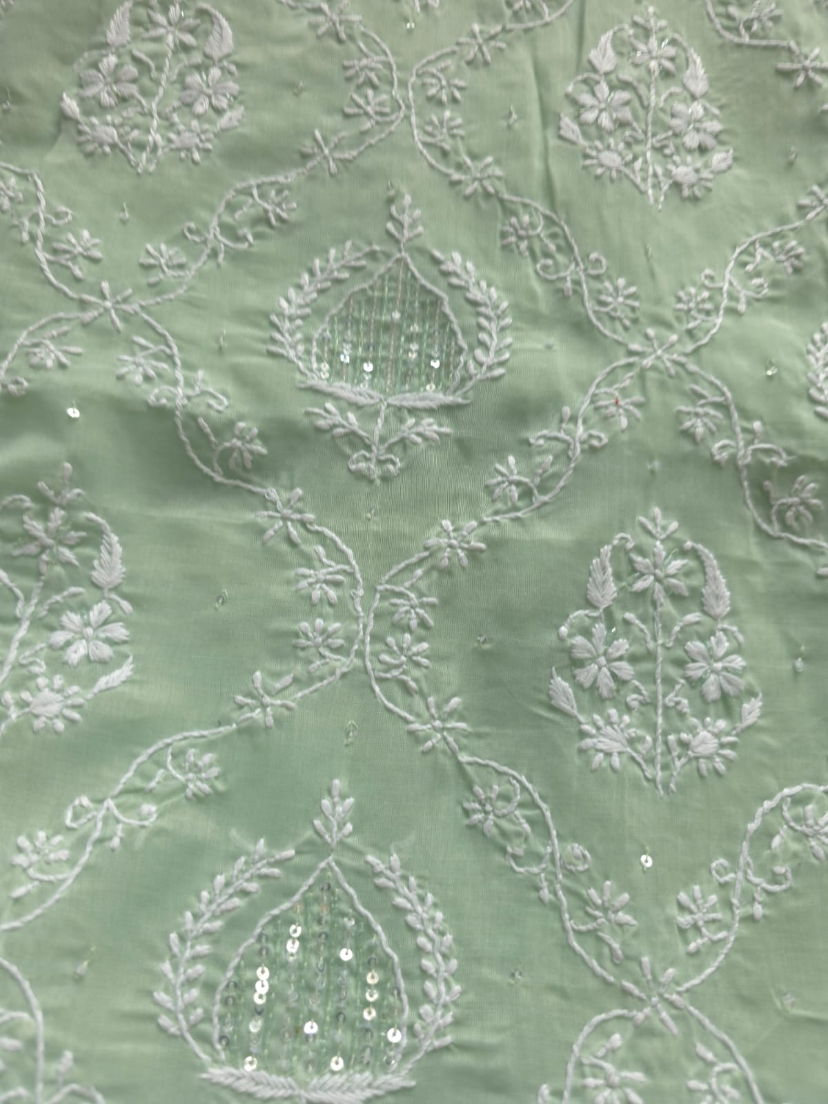 Sage Green Designer cotton Full Suit with Pearl Cutdana