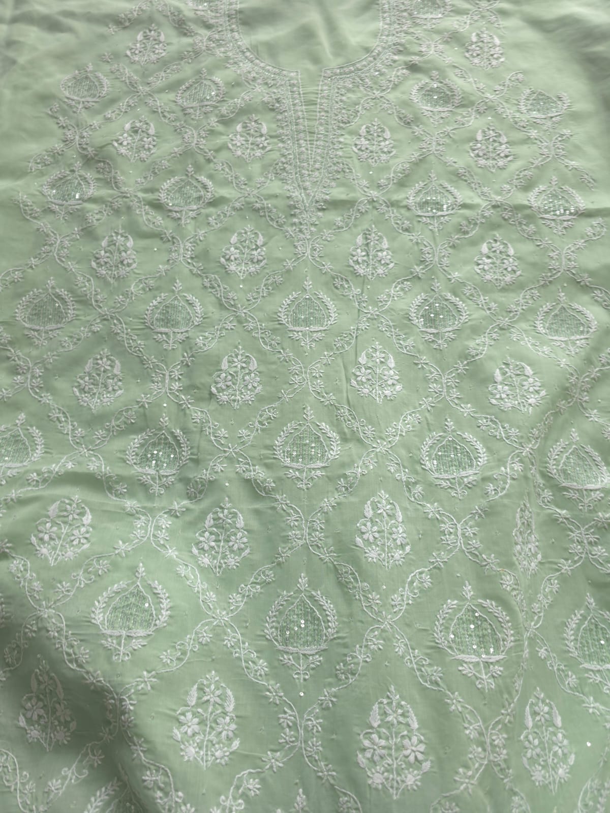 Sage Green Designer cotton Full Suit with Pearl Cutdana