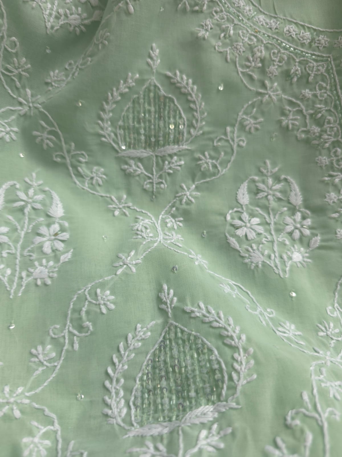 Sage Green Designer cotton Full Suit with Pearl Cutdana