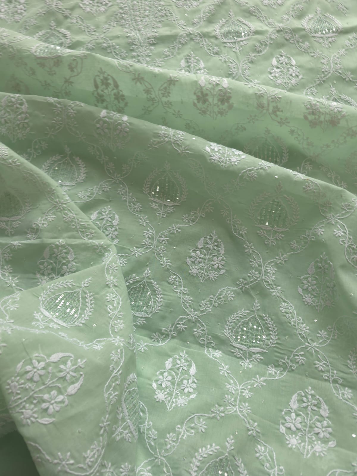 Sage Green Designer cotton Full Suit with Pearl Cutdana