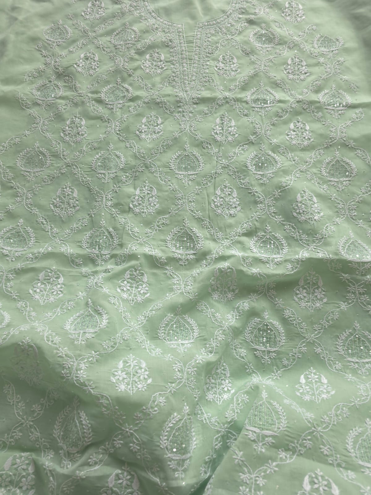 Sage Green Designer cotton Full Suit with Pearl Cutdana