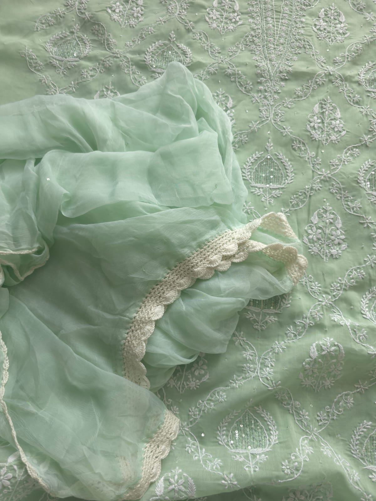 Sage Green Designer cotton Full Suit with Pearl Cutdana