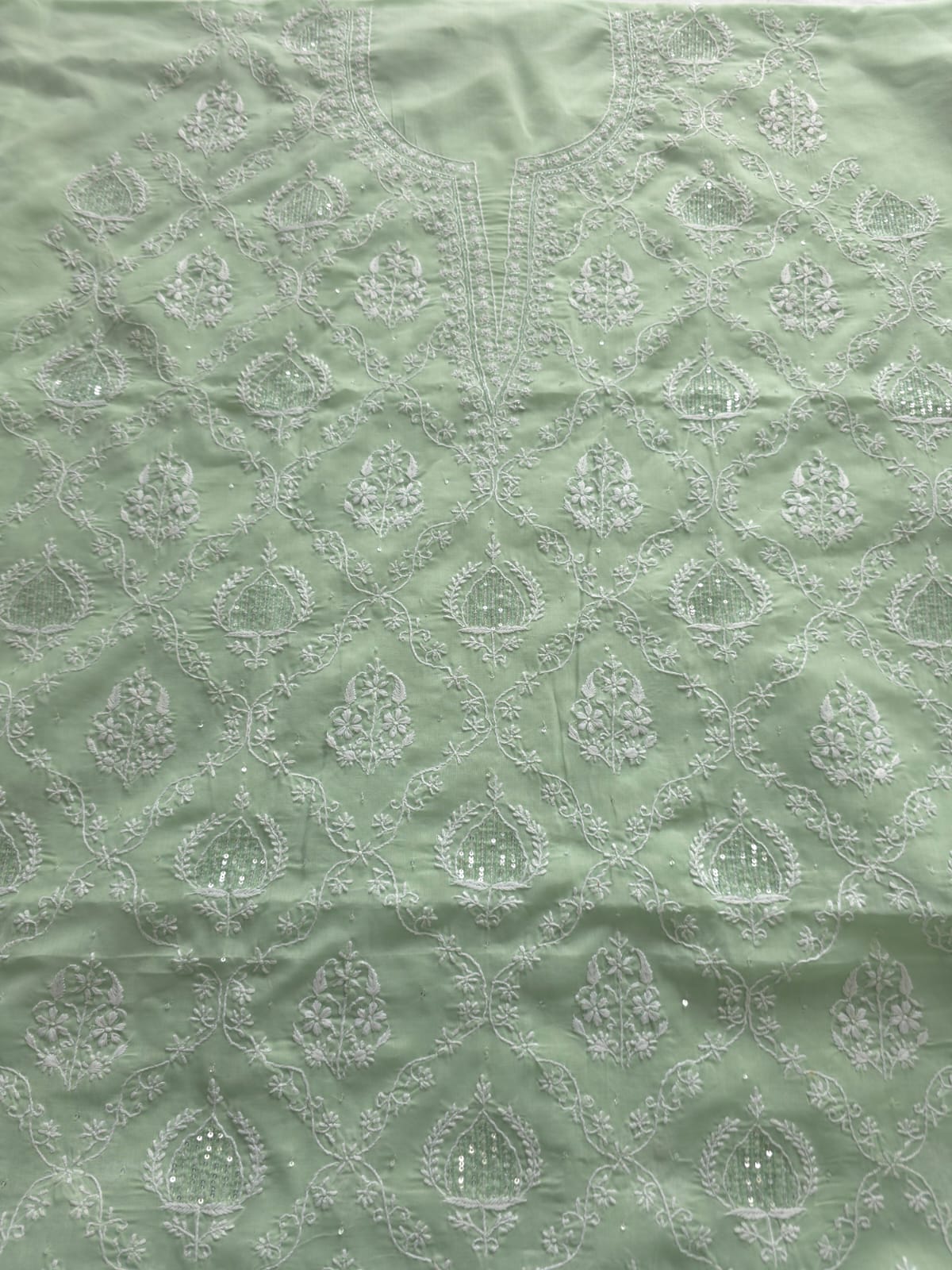 Sage Green Designer cotton Full Suit with Pearl Cutdana