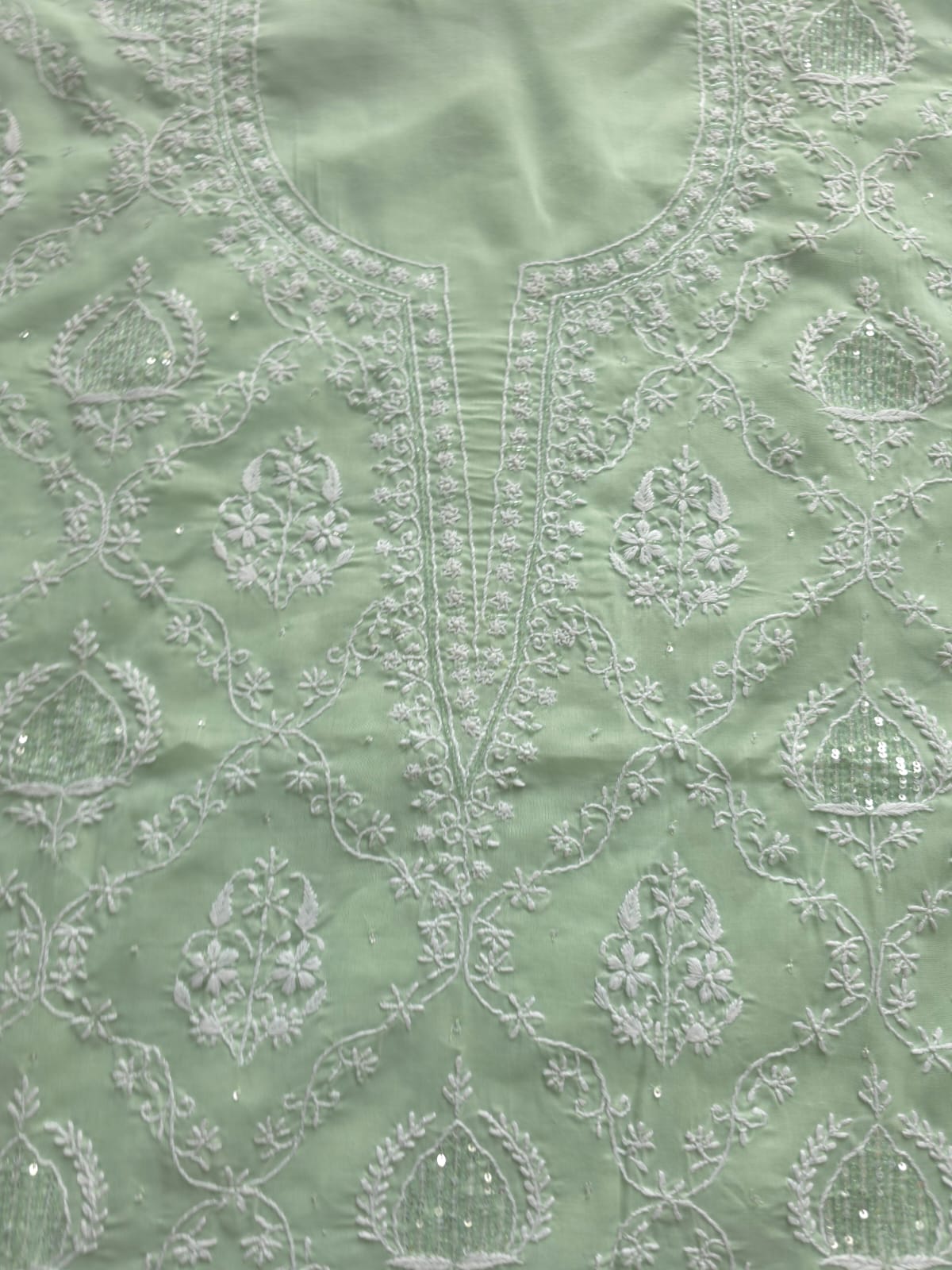 Sage Green Designer cotton Full Suit with Pearl Cutdana